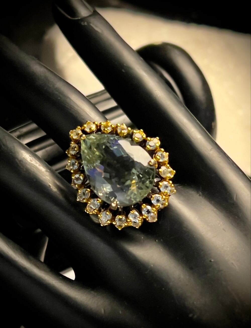 28 ctSterling Silver Prasiolite Ring – Aquamarine Accents, Black Rhodium Finish